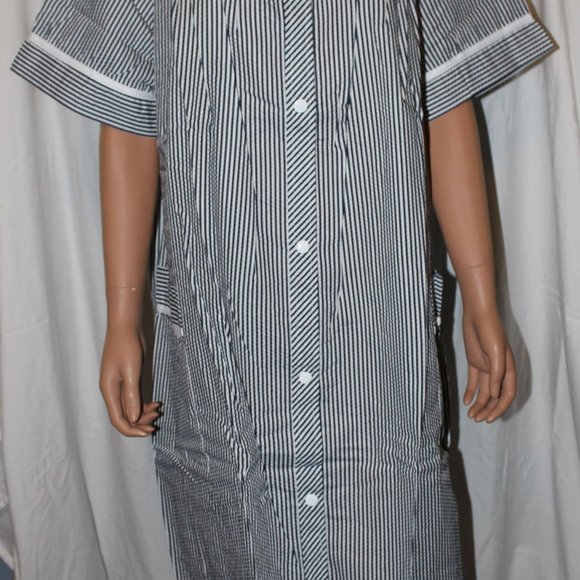 WOMENS EASY ESSENTIALS NAVY WHITE STRIPES SNAPS HOUSECOAT DUSTER PLUS SIZE 1X - Picture 2 of 5